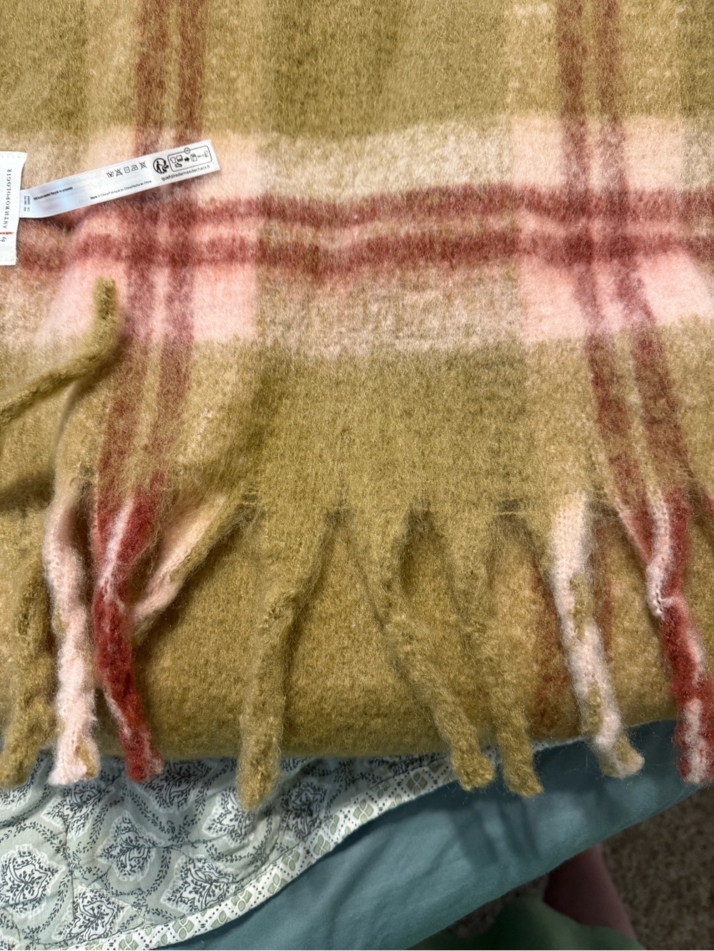 Anthropologie Olive Green Plaid Fringe Scarf with Pink & Rust Stripes